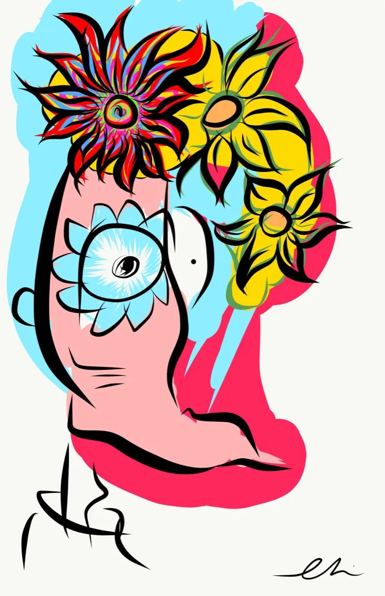 Painting by Eli: a pink face with a flower eye and sunflowers for hair